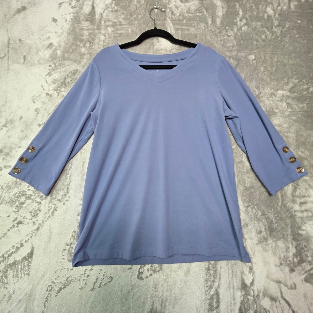 Croft & Barrow Womens Blue V-Neck 3/4 Sleeve Button Cuff Top Size M